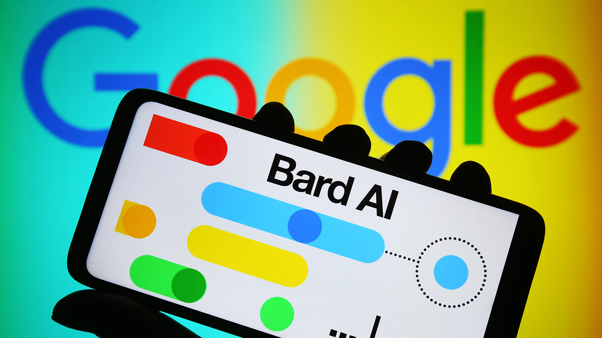 Логотип Google Bard на смартфоне на фоне красочного фона с логотипом Google