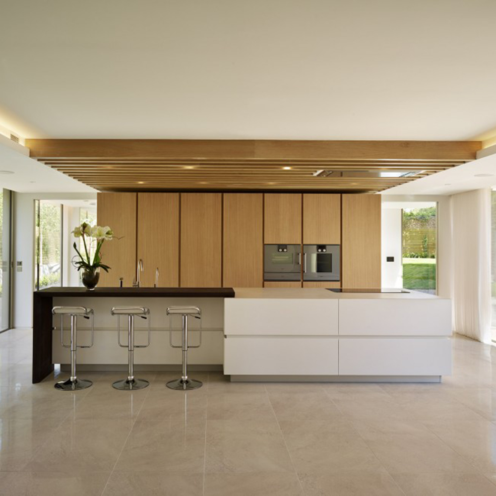 kitchen room with flower vase and grey tiles flooring