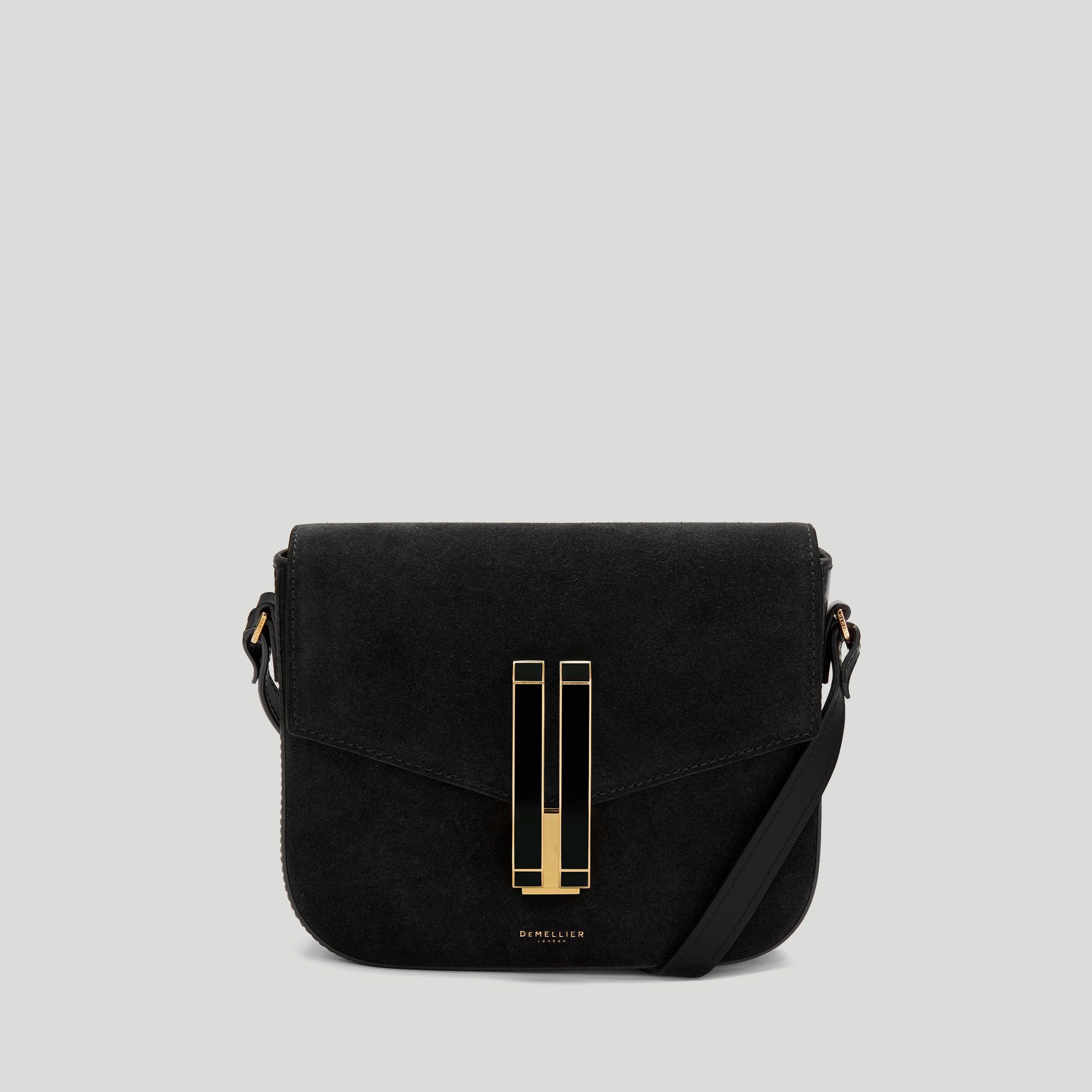 The Small Vancouver | Black Suede &amp;amp; Black Smooth Enamel Lock | Demellier