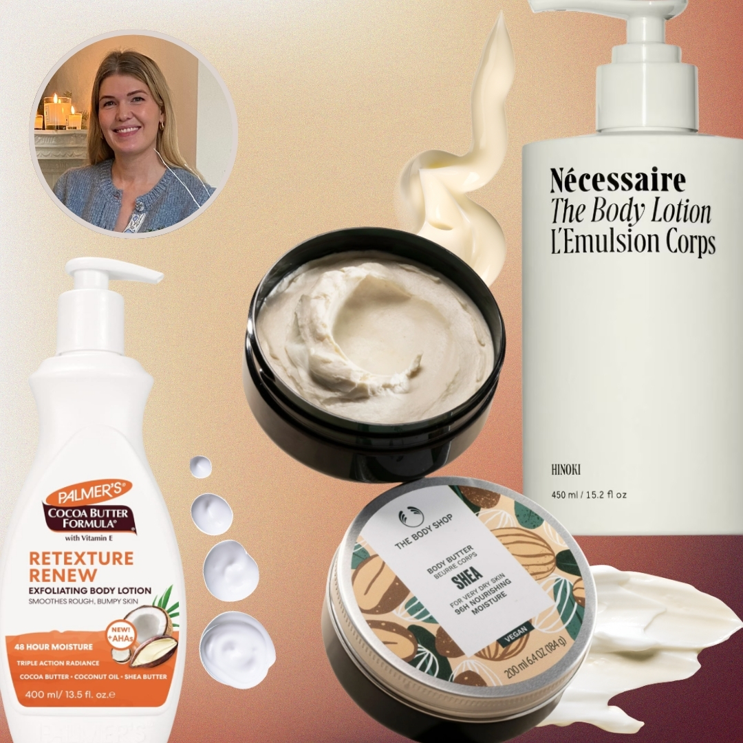 Digital Beauty Editor Fiona McKim is pictured alongside the Palmer&#039;s Retexture Renew Exfoliating body lotion, the Body Shop Shea Butter and Necessaire Hinoki body lotion, all features in a brown, orange and cream gradient template with moisturiser swatches.