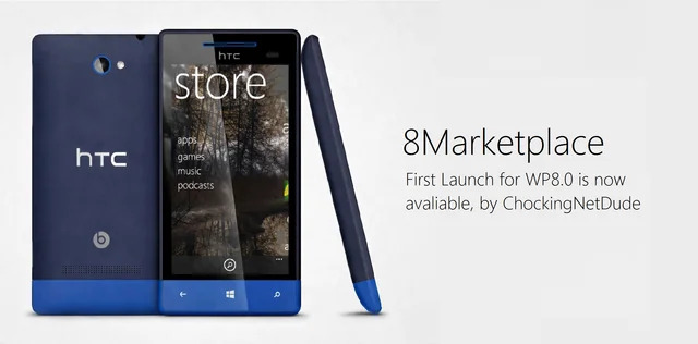Two HTC Windows Phones are displayed, one upright showing a store interface, the other face down. Text reads: "8Marketplace, First Launch for WP8.0." Sleek and modern tone.