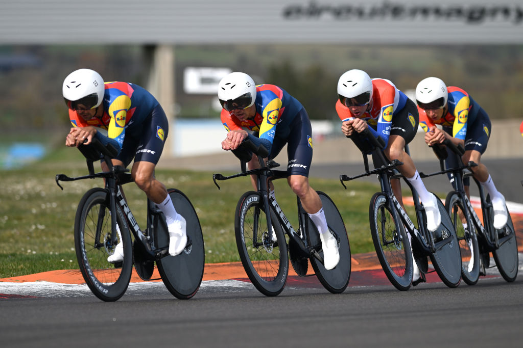 COULANGES-LES-NEVERS, FRANCE - MARCH 11: Mads Pedersen of Denmark and Team Lidl-Trek (C) competes during the 83rd Paris - Nice 2025, Stage 3 a 28.4km team time trial stage from Circuit Nevers Magny-Cours to Nevers / #UCIWT / on March 11, 2025 in Coulanges-les-Nevers, France. (Photo by Dario Belingheri/Getty Images)