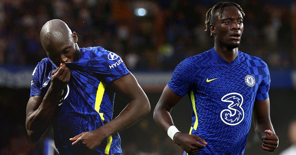 Chelsea striker Romelu Lukaku celebrates after scoring their side&#039;s third goal during the Premier League match between Chelsea and Aston Villa at Stamford Bridge on September 11, 2021 in London, England.