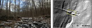 a LiDAR image of a dam and walls in Ashford, Conn., that were once part of a mill complex.