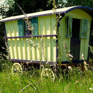 yellow wooden shed with wheels