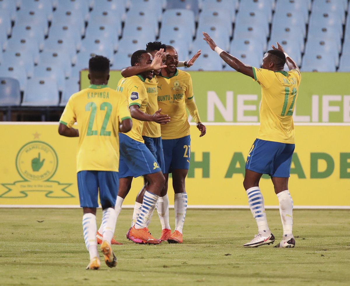 Themba Zwane celebrates his goal with teammates 