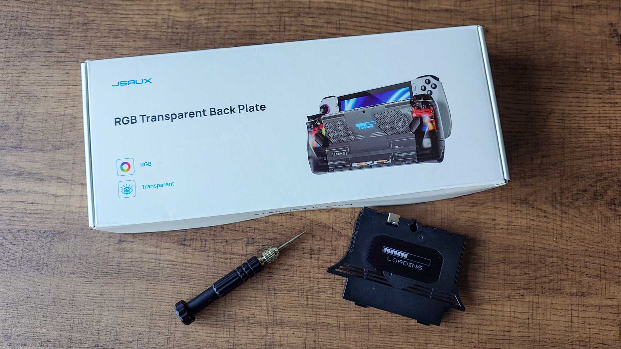 The JSAUX RGB transparent backplate kit box for ROG Ally