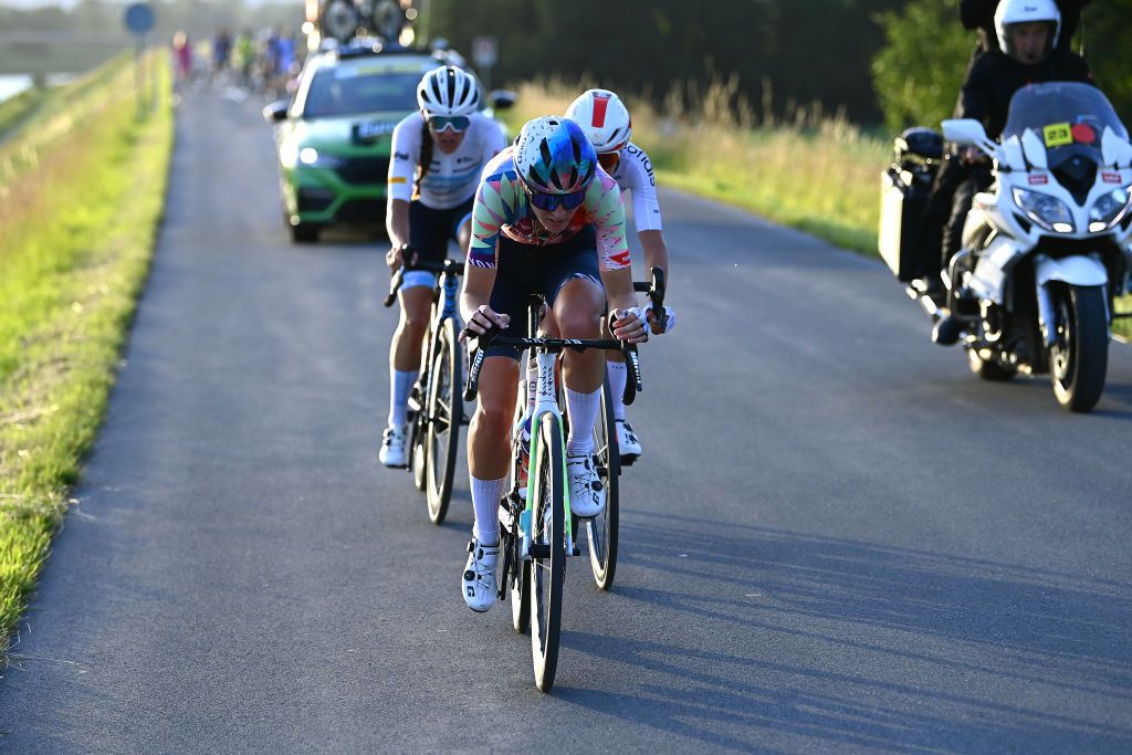 VADUZ SWITZERLAND JUNE 18 Pauliena Rooijakkers of The Netherlands and Team CanyonSRAM Racing leads The Breakaway during the 2nd Tour de Suisse Women 2022 Stage 1 a 46km stage from Vaduz to Vaduz ourdesuisse2022 on June 18 2022 in Vaduz Switzerland Photo by Tim de WaeleGetty Images