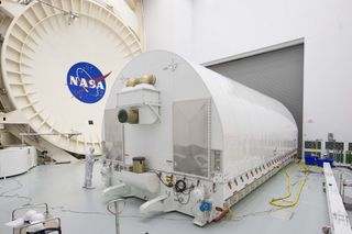 The Space Telescope Transporter for Air, Road and Sea (STTARS) sits outside of Chamber A at NASA’s Johnson Space Center in Houston. NASA’s James Webb Space Telescope completed cryogenic testing inside the chamber in November 2017.