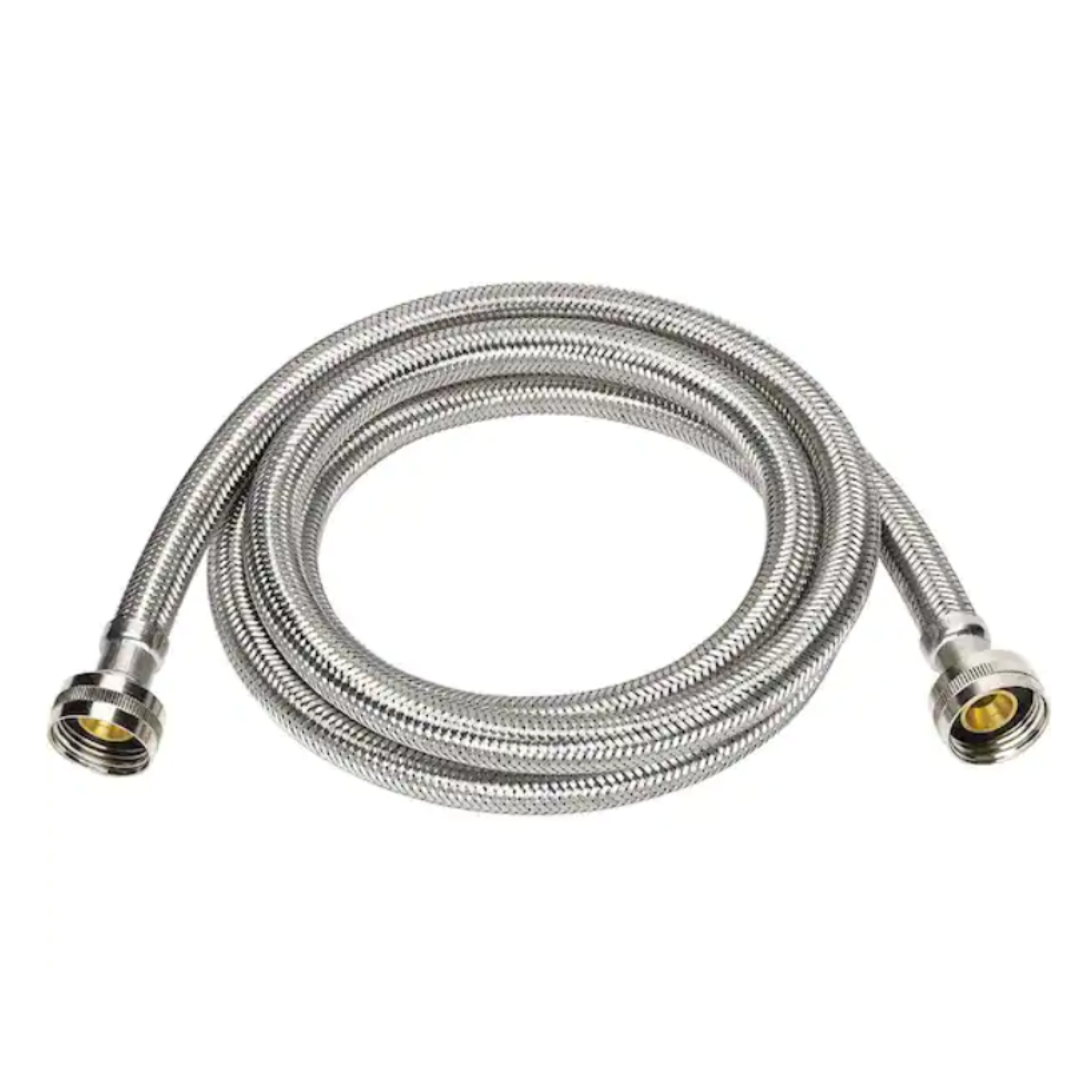 Everbilt stainless steel washing machine supply line against white background.