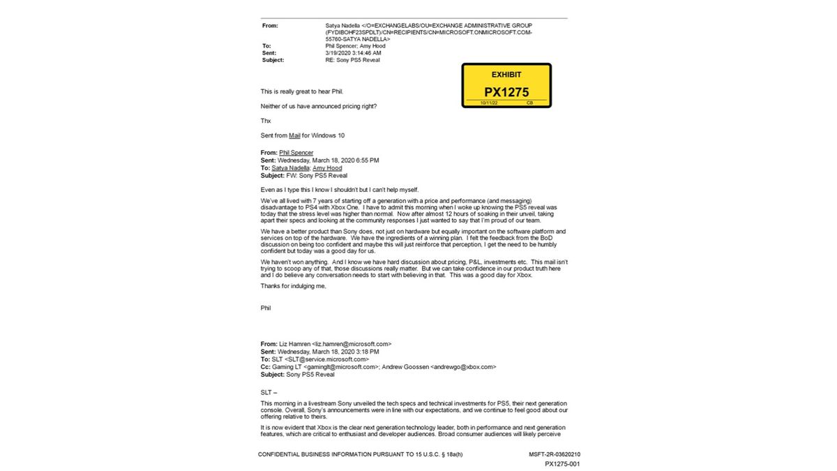 Screenshots of email conversations at Microsoft discussing the PS5 reveal.