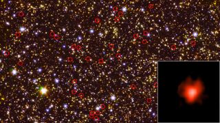 A deep-field view of the sky taken by Spitzer telescope, with wide-field data from the Hubble Space Telescope incorporated. Very faint, distant galaxies are circled in red, and one is highlighted in the inset image.