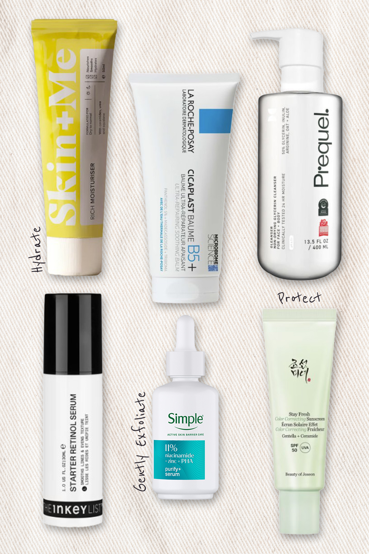A collage of beauty products from Skin+Me, La Roche-Posay, Prequel, The Inkey List, Simple and Beauty of Joseon