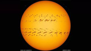The sun covered in hundreds of sunspots in a time-lapse image of June