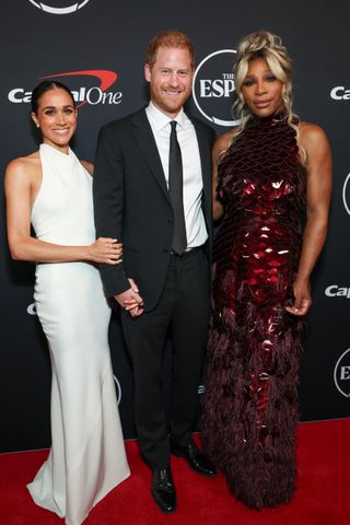 Meghan Markle with Serena Williams and Prince Harry on the red carpet at the 2024 ESPY Awards