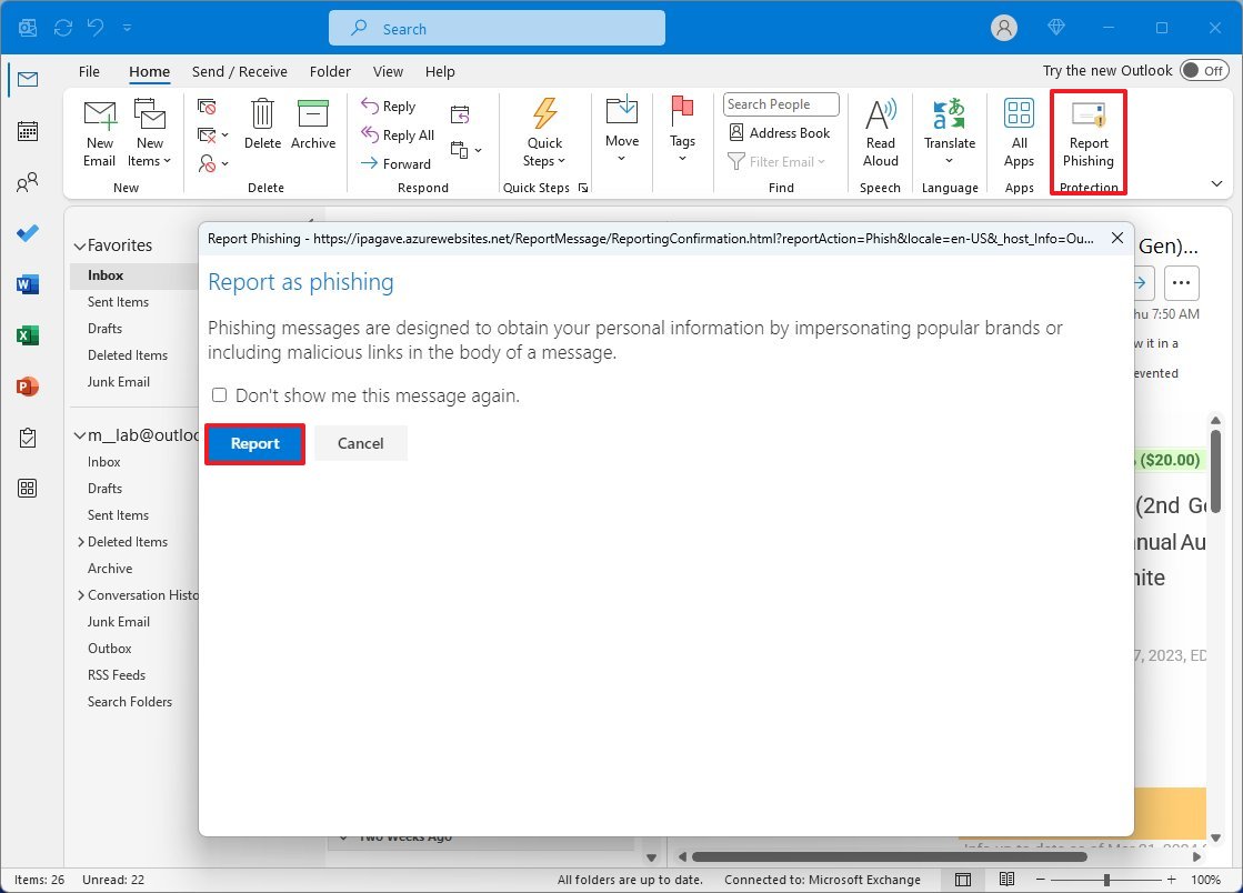 Phishing de informes antiguos de Outlook
