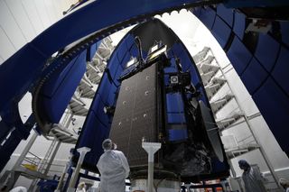 The sixth Advanced Extremely High Frequency (AEHF-6) satellite for the U.S. Space Force's Space and Missile Systems Center is encapsulated inside a 5-meter-diameter payload fairing in preparation for launch atop a United Launch Alliance Atlas V rocket.