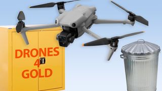 A drone over a storage cupboard labelled Drones 4 gold and a bin
