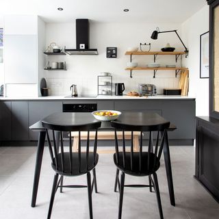 black and white kitchen with table