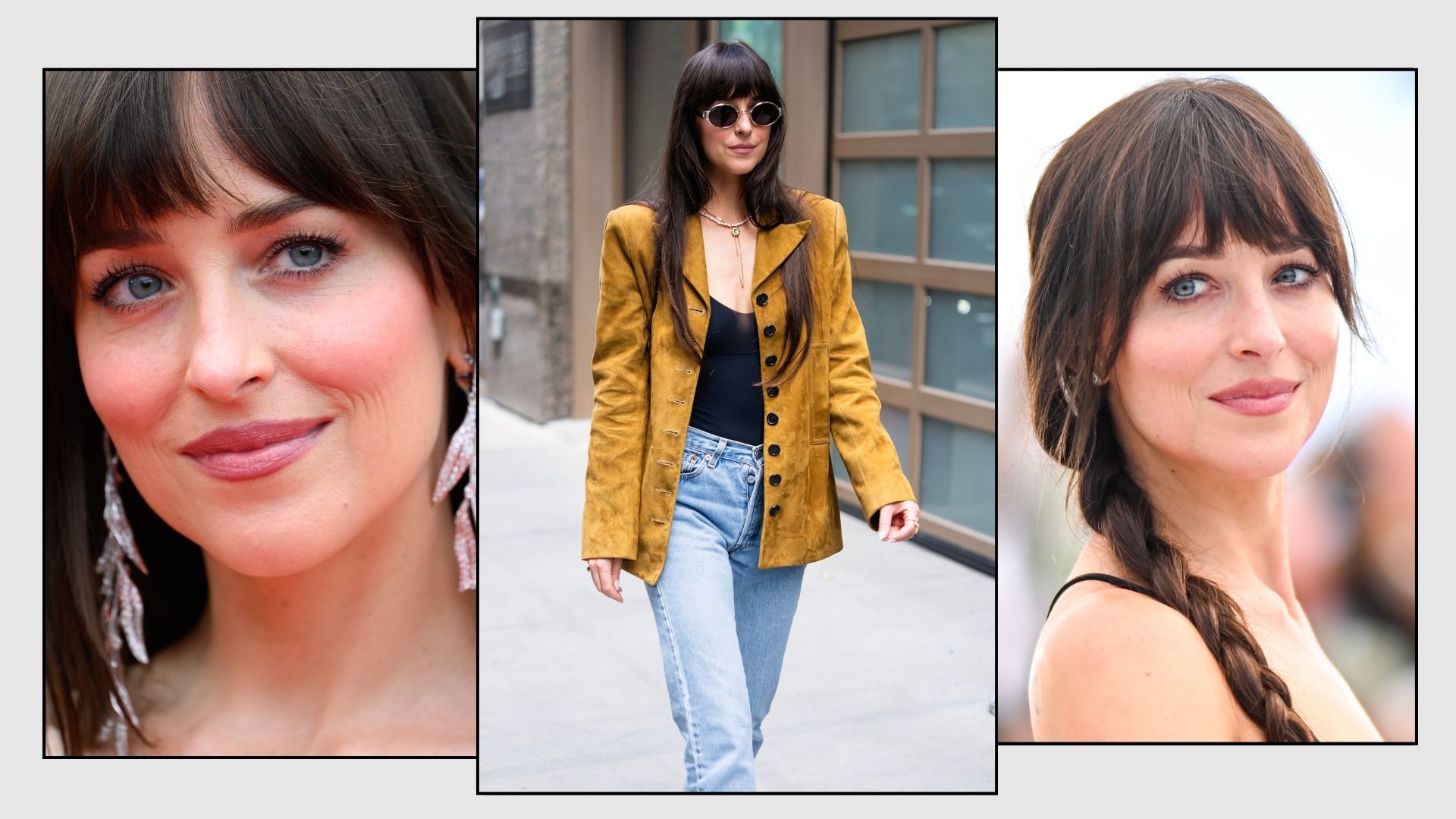 A collage of Dakota Johnson's signature makeup looks