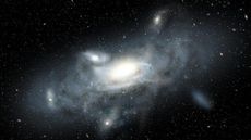 An artist's impression of the Milky Way in its youth, surrounded by globular clusters. 