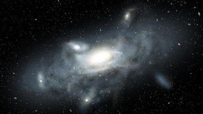 An artist's impression of the Milky Way in its youth, surrounded by globular clusters.