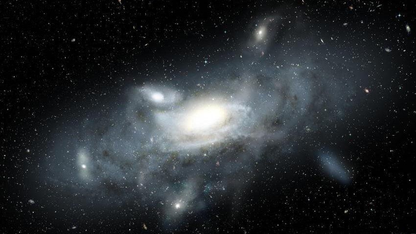 An artist&#039;s impression of the Milky Way in its youth, surrounded by globular clusters. 