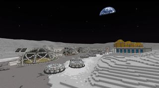scene from a video game showing a base on the moon, with earth in the background.