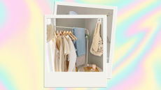 An organized clothing rack on pastel background