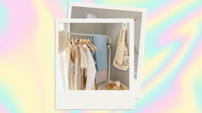 An organized clothing rack on pastel background