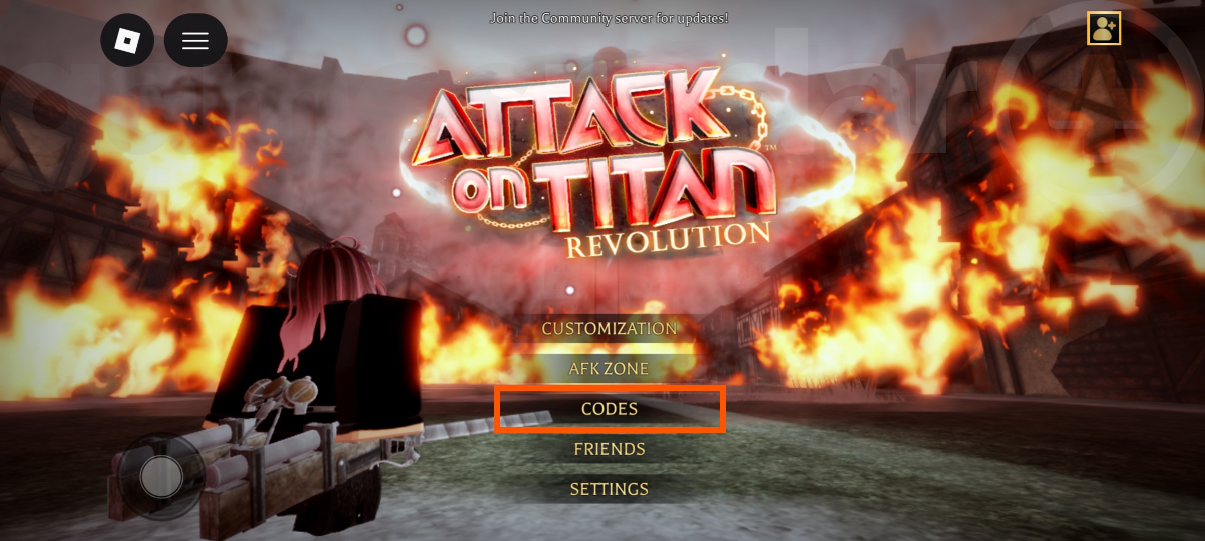 The Attack on Titan Revolution main menu, from which you can redeem AOTR codes