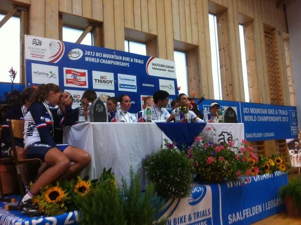 The team relay post-race press conference with the medallists
