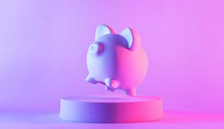 a piggy bank on a pedestal on a neon pink background