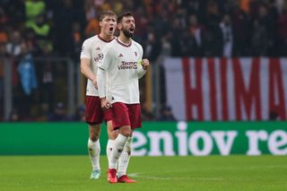 Bruno Fernandes of Manchester United celebrates with teammate Rasmus Hojlund after scoring the team's second goal during the UEFA Champions League match between Galatasaray A.S. and Manchester United at Ali Sami Yen Arena on November 29, 2023 in Istanbul, Turkey. (Photo by Ahmad Mora/Getty Images)