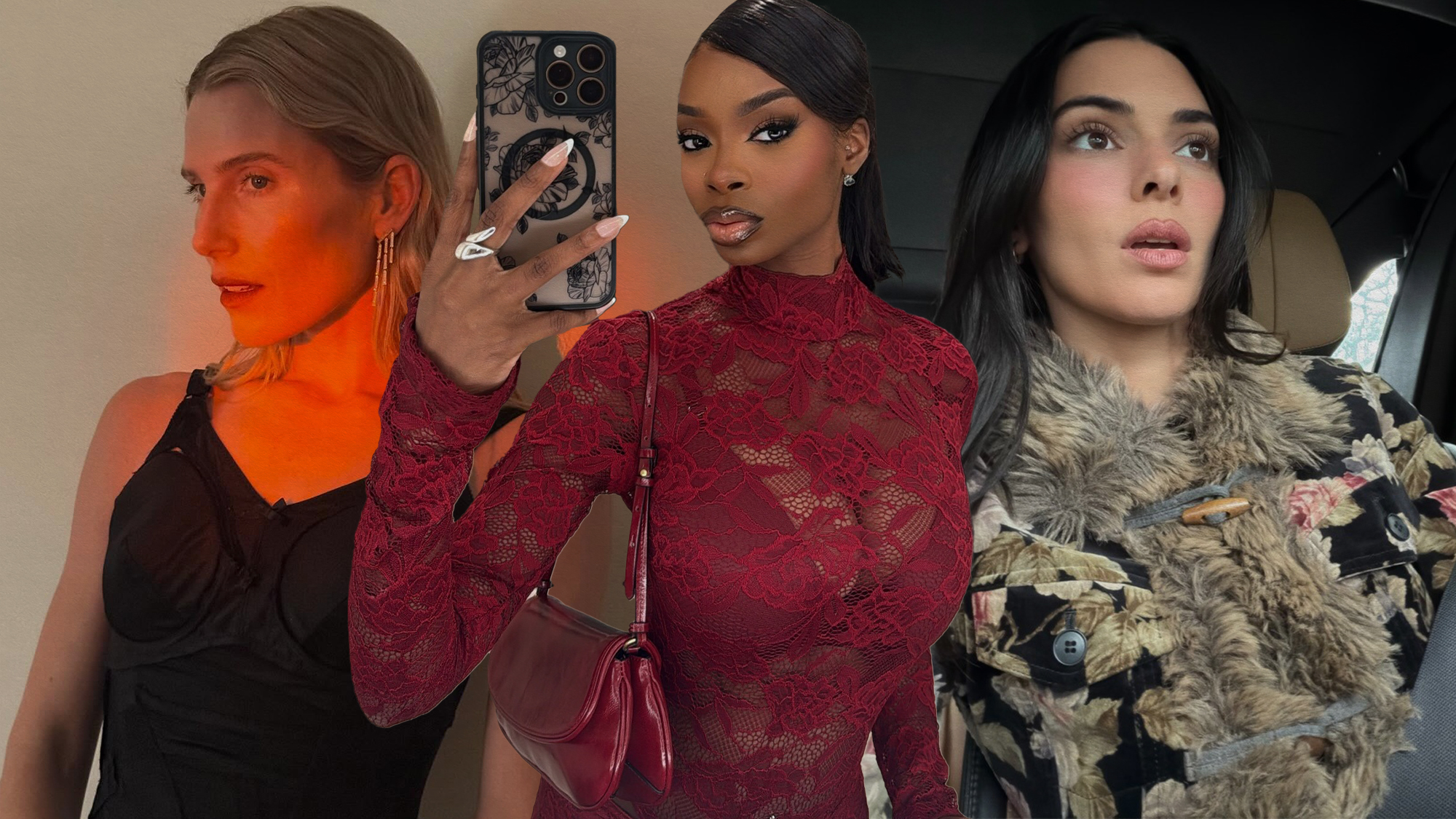 A collage of Dree Hemingway, Olandria Carthen, and Kendall Jenner.