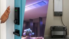 A smart door lock, smart lights and home battery plugged into a wall