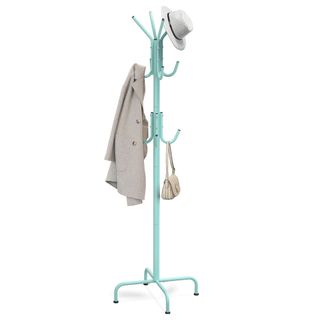 A blue coat rack with a hat, a coat, and a purse on it
