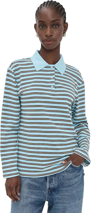 English Factory, English Factory Women&#039;s Stripe Collar Sweatshirt, Light Blue/beige, S