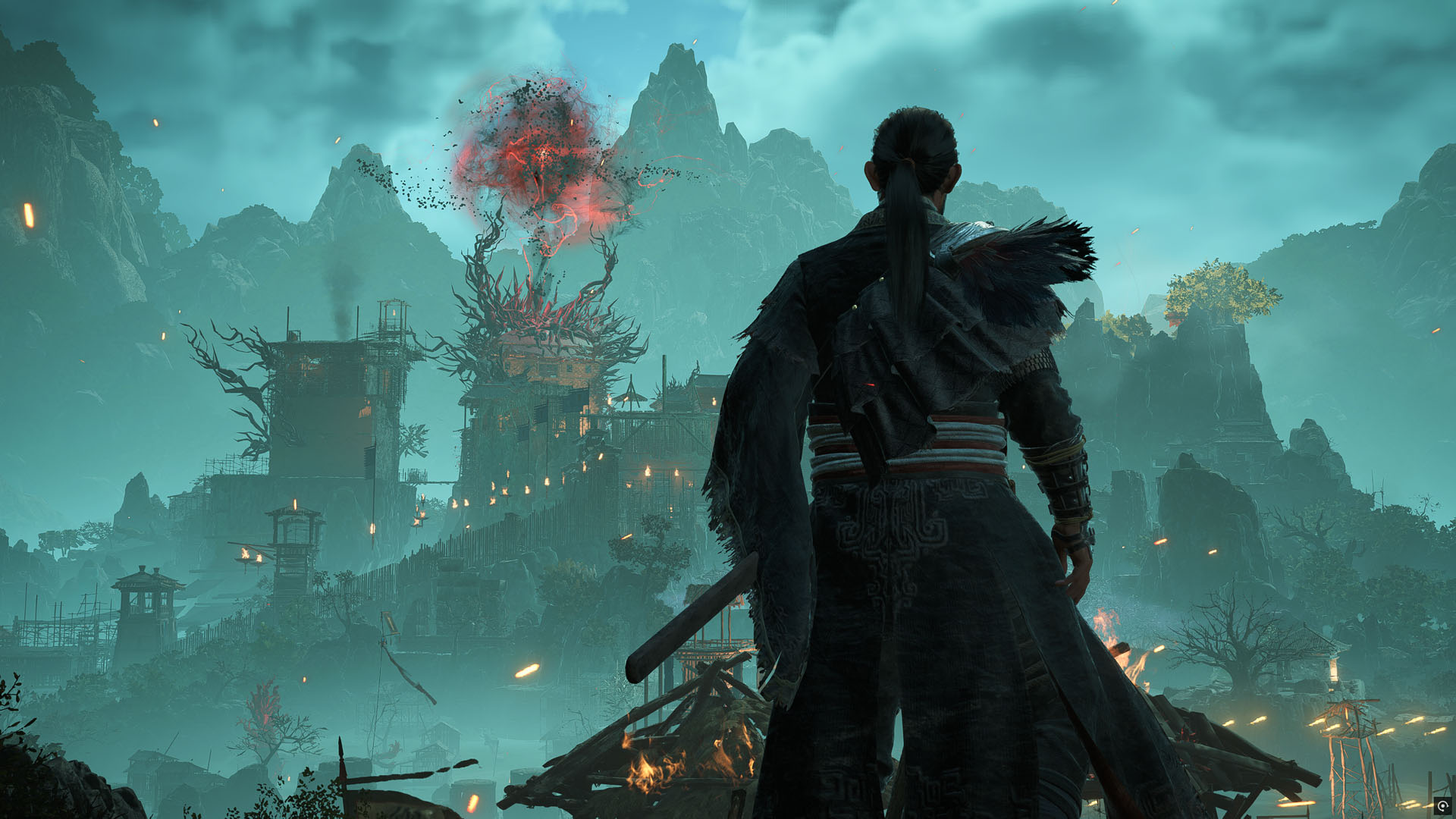Looking out across the battlefield in Wo Long 2: Wings of Ember, which has red energy flowing across it