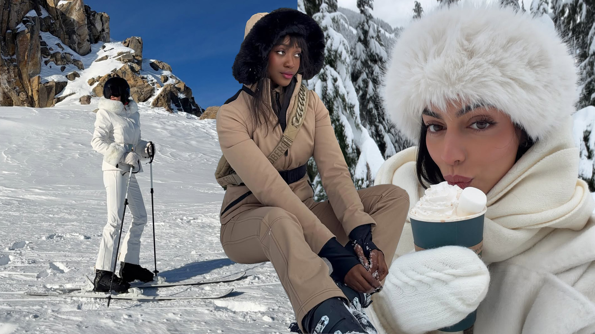 Kelsey Merritt, Emmanuelle Koffi, and Mobina Peiman doing ski-related activities