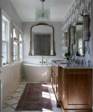 Bathroom decorated with vintage rug runner