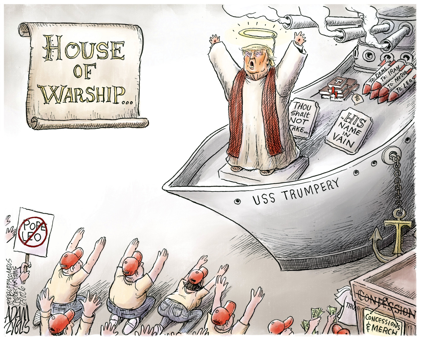 This cartoon is titled &amp;ldquo;House of WARship&amp;rdquo; and depicts Donald Trump dressed as AI Jesus on a boat named &amp;ldquo;USS Trumpery.&amp;rdquo; He is selling Trump Bibles. A group of MAGA worshippers are on their knees, bowing to Trump and handing him their money.