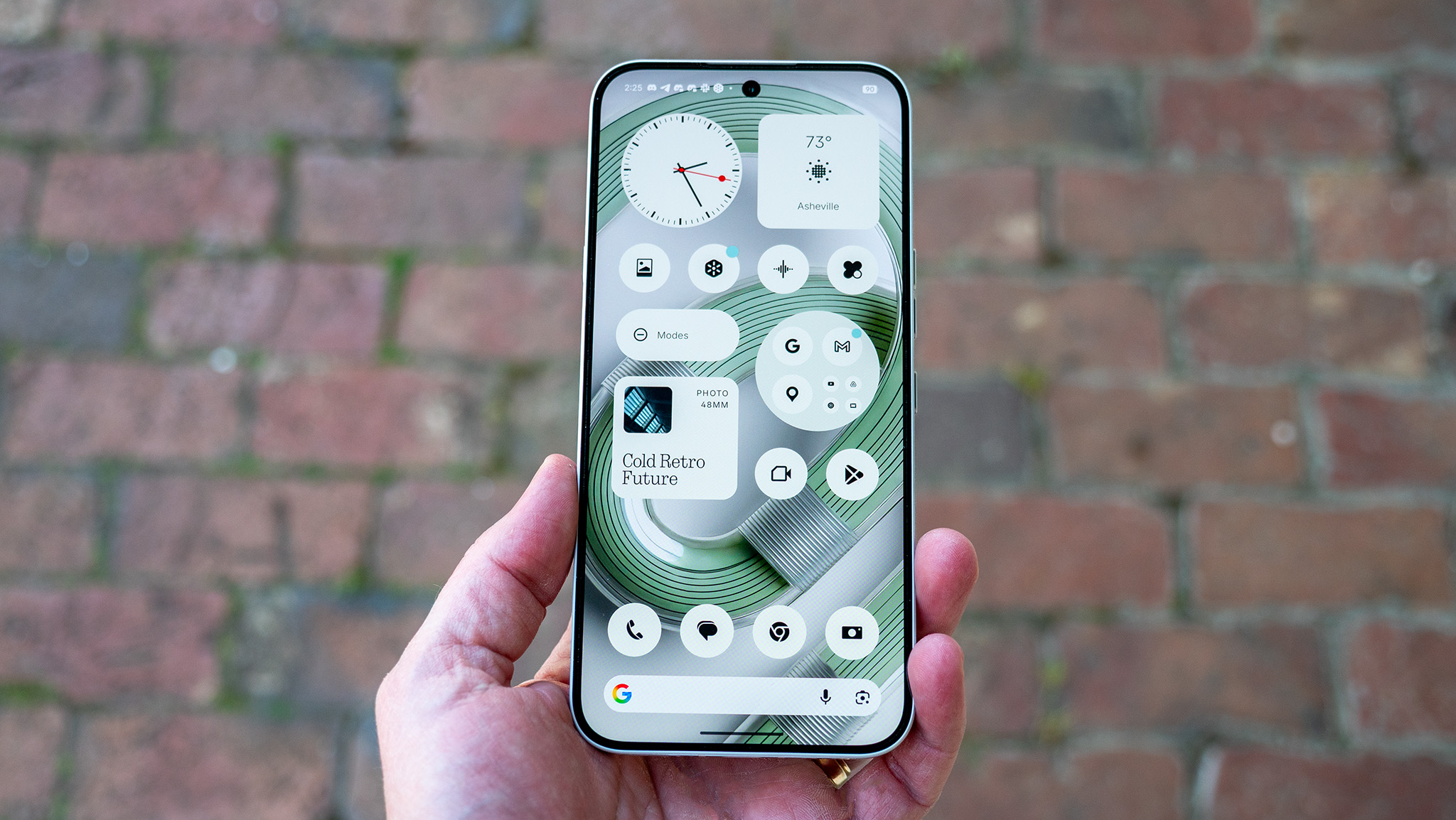 A Nothing Phone 4a Pro's homescreen with one of the default Nothing wallpaper choices