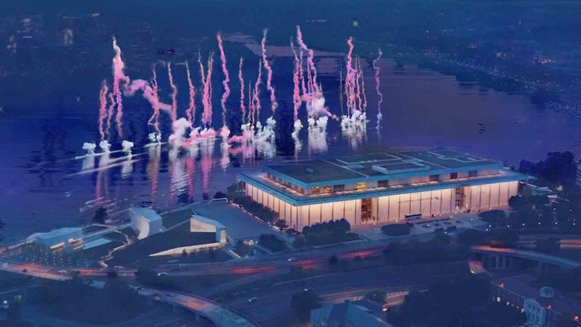 illustration of the kennedy center for performing arts as seen from above and with fireworks going off on the Potomac River