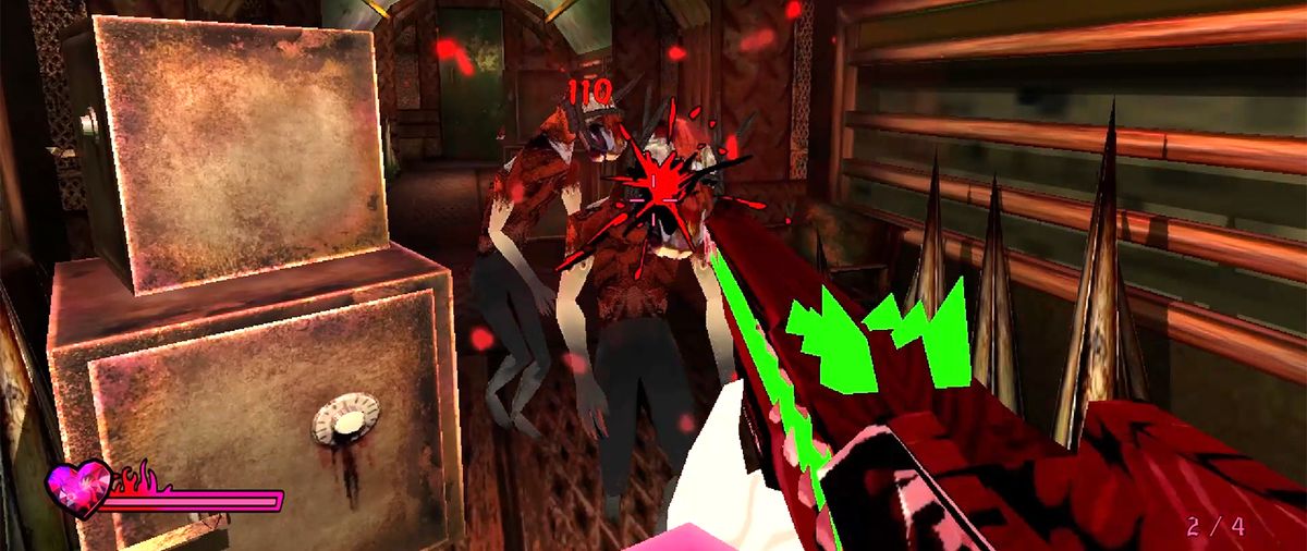 Sorry We&#039;re Closed review; a video game scene shows a character shooting a low-texture retro style shotgun at a demon in a brown, grungy corridor