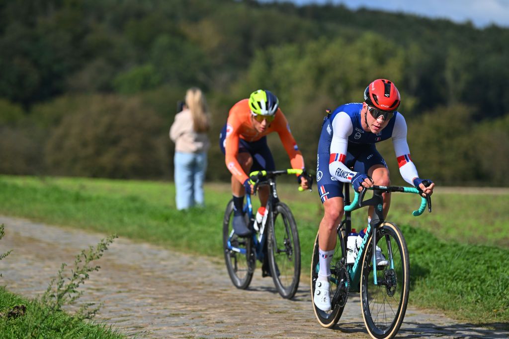 HASSELT BELGIUM SEPTEMBER 13 LR Huub Artz of Team Netherlands and Leandre Lozouet of Team France compete in the breakaway during the 30th UEC Road Cycling European Championships 2024 Mens U23 Road Race a 162km one day race from HeusdenZolder to Hasselt UCIWT on September 13 2024 in Hasselt Belgium Photo by Luc ClaessenGetty Images