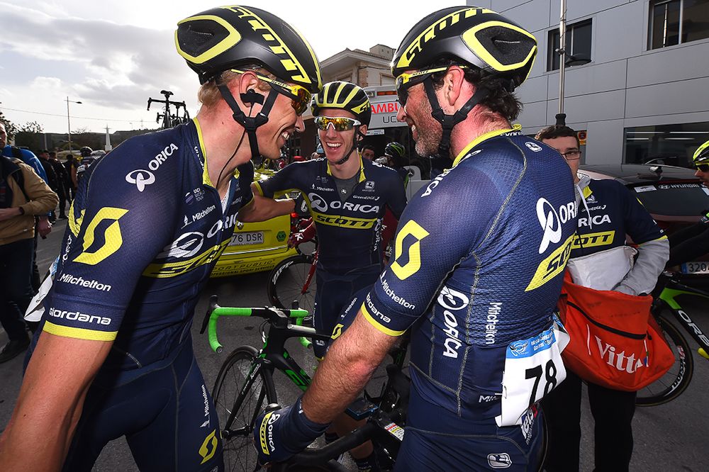 Teammates congratulate Magnus Cort Nielson on his stage 4 win.