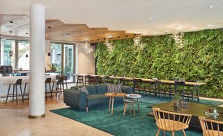 Dining room featuring a living wall and parquet flooring covered by a large turquoise rug