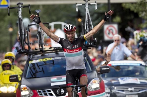 Jens Voigt (RadioShack-Nissan) celebrates as he crosses the finish line in Beaver Creek at the USA Pro Cycling Challenge