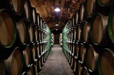 Image of barrels stacked in a wine cave.